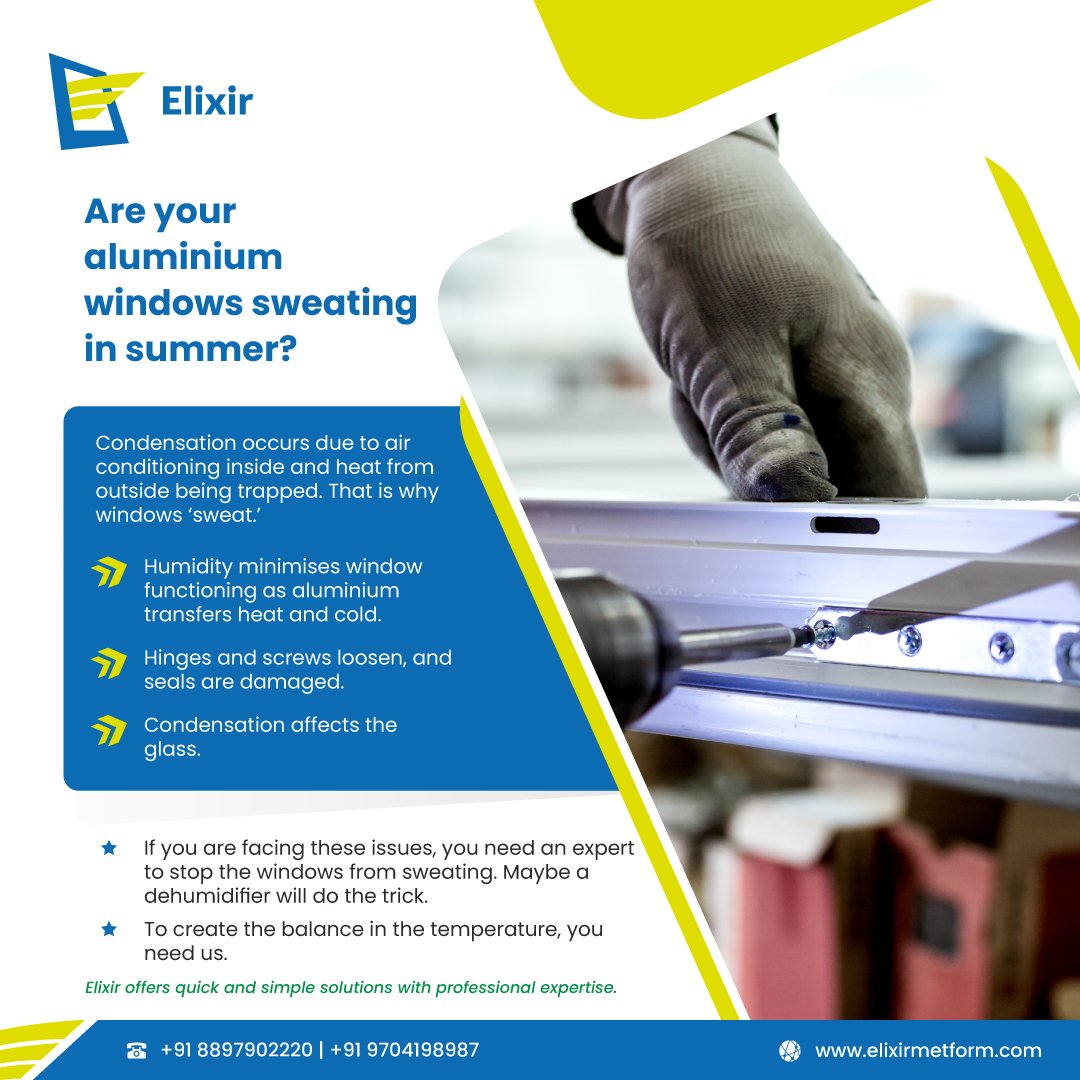Elixir_Met_Form's tweet photo. Are your aluminium windows sweating in summer?
Condensation occurs due to air conditioning inside and heat from outside being trapped.  

#PremiumWindows #PreCoatedGiWindows #PpGiWindows #GiWindows #RollformingTechnology #ColourCoatedWindows #MadeOfSteel #SteelWindows #ppgi https://t.co/fQaqAe5j78