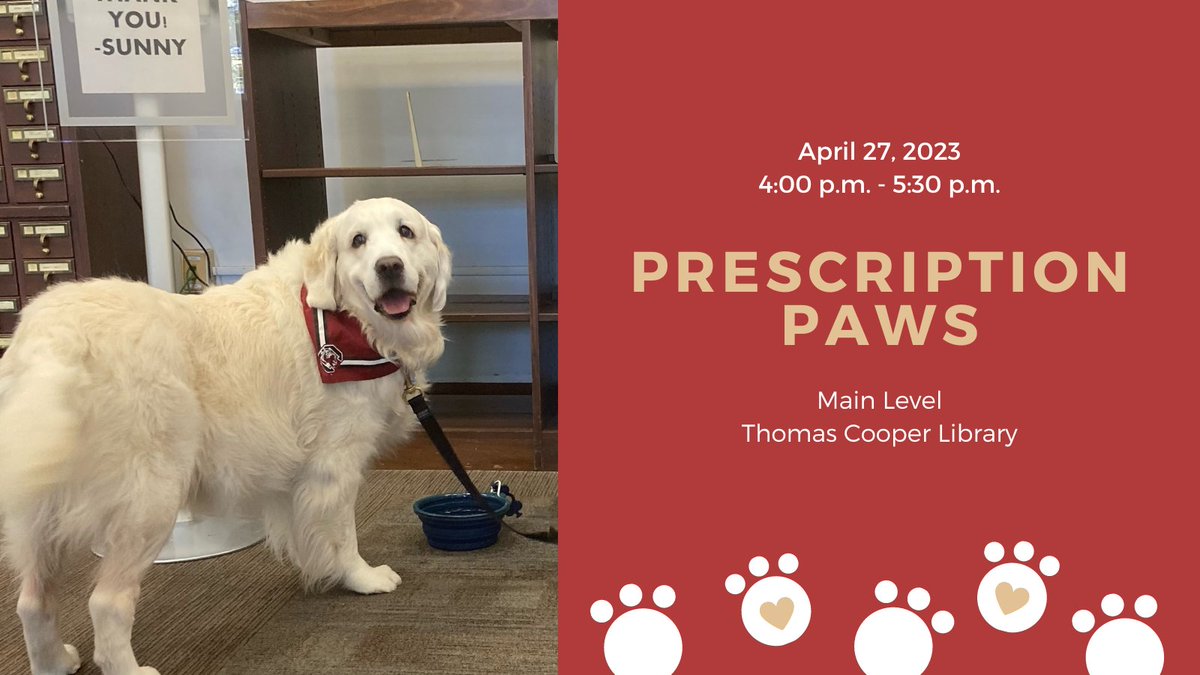 UofSC_TCoop's tweet image. Our favorite furry friend Sunny is back at @UofSCLibraries to help you study for #FinalsWeek (and get a few treats in return 🦴🦴🦴). Take a study break and de-stress with Sunny between 4-5:30 p.m. 🐾