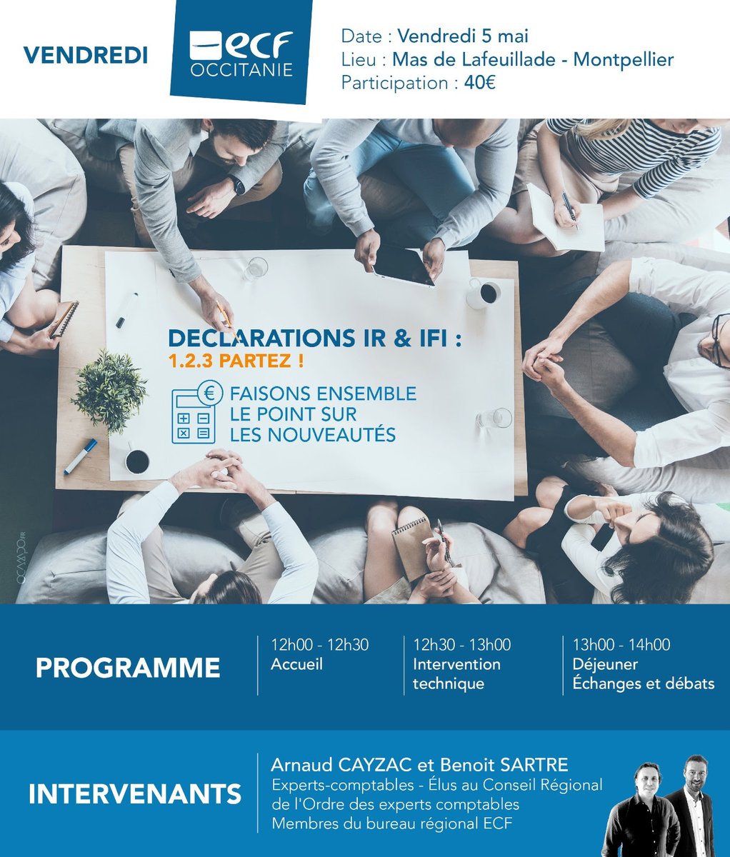 🔴 🔥 ECF Occitanie vous convie à sa prochaine édition des #VendredisECF qui aura lieu le 5/05 à 📍Montpellier. 
🚩 Thème : DECLARATIONS IR &amp; IFI : « 1.2.3 Partez ! » Faisons Ensemble le Point sur les nouveautés
🔺+ d'Infos 👉bit.ly/3LcFby7