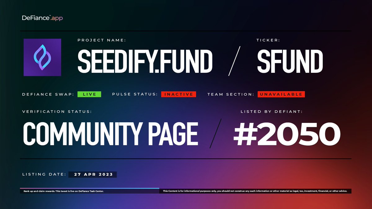 .<a href="/SeedifyFund/">Seedify</a> community page is now live on DeFiance.app/project/Seedif…. 

$SFUND is now listed on #DeFianceSwap.

Seedify.Fund is an Incubator &amp; launchpad for Web3Games, NFTs, Metaverses and AI projects. 

Learn more at users.DeFiance.app.
$SFUND #DeFianceApp