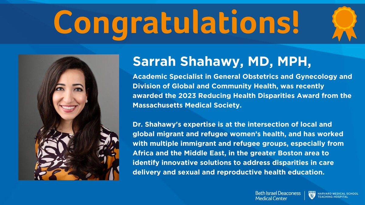 BIDMC Obstetrics and Gynecology (@bidmc_obgyn) on Twitter photo Congratulations to Dr. Sarrah Shahawy who recently received the 2023 Reducing Health Disparities Award from <a href="/MassMedical/">Massachusetts Medical Society (MMS)</a>. We are so proud of your work in local and global migrant and refugee women's health. Read more: massmed.org/News/Press-Rel… #healthequity #OBGYN #womenshealth Congratulations to Dr. Sarrah Shahawy who recently received the 2023 Reducing Health Disparities Award from <a href="/MassMedical/">Massachusetts Medical Society (MMS)</a>. We are so proud of your work in local and global migrant and refugee women's health. Read more: massmed.org/News/Press-Rel… #healthequity #OBGYN #womenshealth