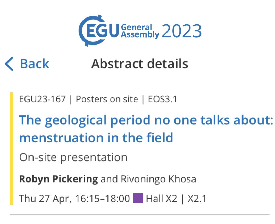 The geological period no one talks about…

Let’s break the silence and talk about menstruation in the field 🩸⚒️💪🏽

Thanks to my brilliant young colleague Rivoningo Khosa @Ripanzell supported by @heri_uct 

@UCTgeology @EGU_EDI 

#EGU23