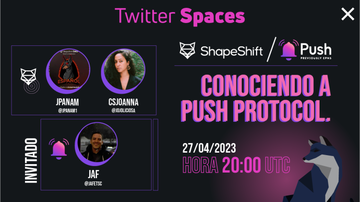 Shapeshift_es's tweet photo. AMA #PushLatam🦊El futuro de la comunicación web3
🚨Hoy conoceremos @PushProtocol la mensajería web3 privada y gratuita.
Entérate cómo activar noticias Push de tus comunidades #blockchain y #tokens en tu wallet #Shapeshift integrada ya con Whenever.
👇🏽
https://t.co/uUroVqKIvF https://t.co/uRdjm4PDrl