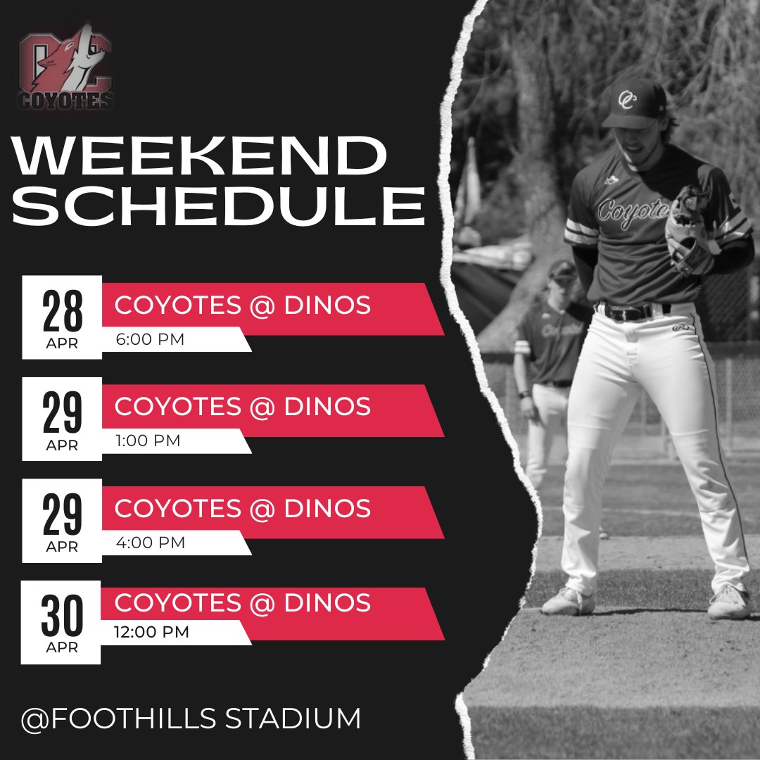 The Yotes (10-6) begin their Alberta road trip against @DinosBaseball (9-7) starting on Saturday. 

#canadasleague #ccbcofficial #ccbc #occoyotesbaseball #HeartheHowl #JointheHunt #defendthetitle🏆