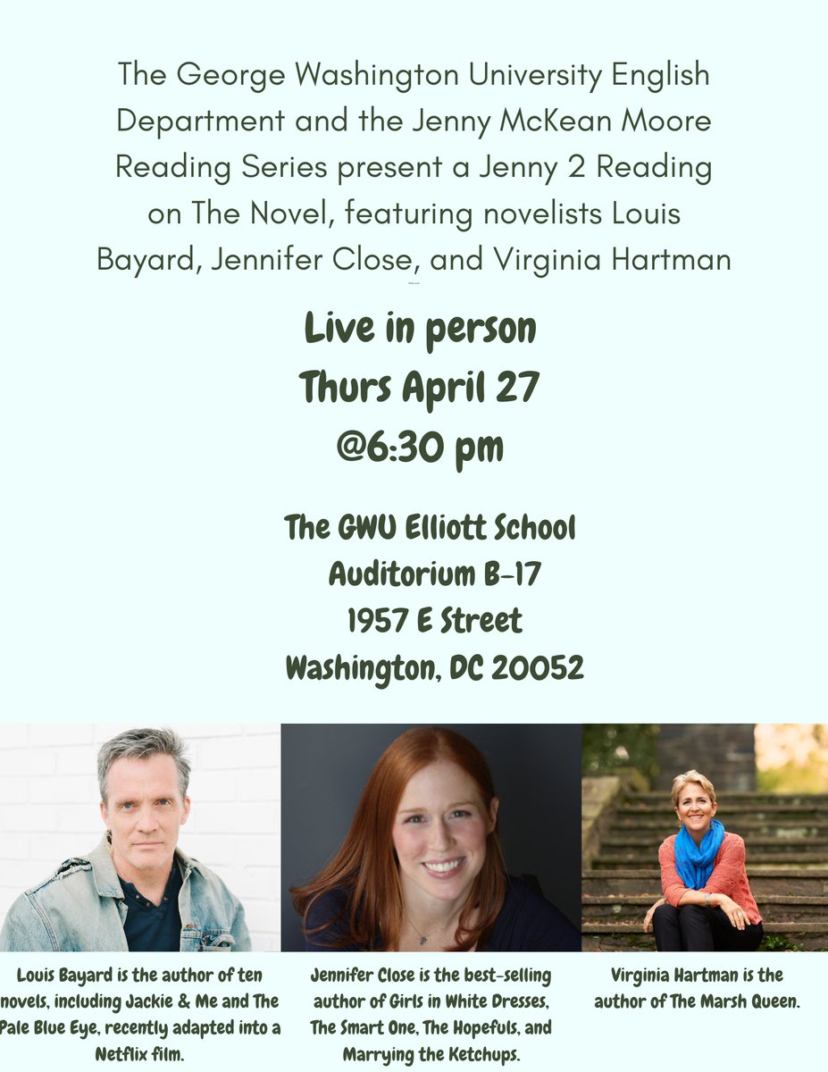 virginiahartmn's tweet photo. It's TONIGHT! Can't wait to read with novelists @LouisBayard and @JenniferClose @gwenglish beginning at 6:30. If you're nearby, I hope you'll stop in. It will be lively! Details below.
.
#TheMarshQueen #JackieandMe #MarryingtheKetchups https://t.co/XAdJgrpD5m