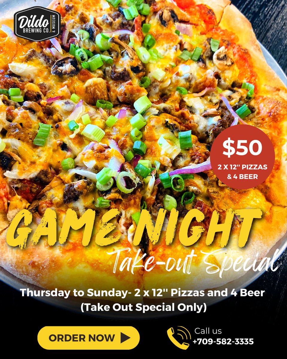 🍕🍺 Elevate your game night with our Take-out Special. Order two stone oven pizzas and a 4-pack of Dildo Brewery beers for only $50. Pairs perfectly with the playoffs or any other games going on tonight! Available Thursday to Sunday; give us a call to place your order now. 📞