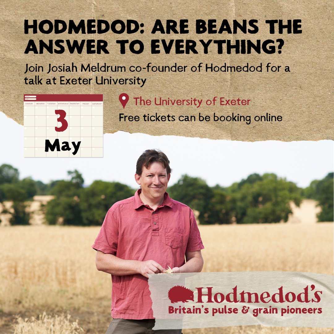 Hodmedods's tweet photo. Are Beans the Answer to Everything? 
🕒 Weds 3 May, 7-9.30pm 📍 @UniofExeter 
Hear from Josiah Meldrum how Hodmedod emerged from a community project, aiming to show what farming &amp; dietary change might look like for the UK. https://t.co/qtnMXC1UwW #lovepulses https://t.co/F2N0BFXEKN