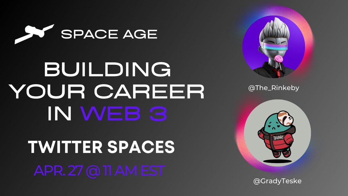 GM Web3 Wizards! 🚀

Get ready to blast off into the future with today's Spaces featuring two unique personalities in the space: @The_Rinkeby and <a href="/GradyTeske/">Grady 🌊 Teske</a> 🤘

We're going to be diving into some mind blowing topics. 🔥

Set reminders NOW: 🫡
x.com/i/spaces/1mrGm…