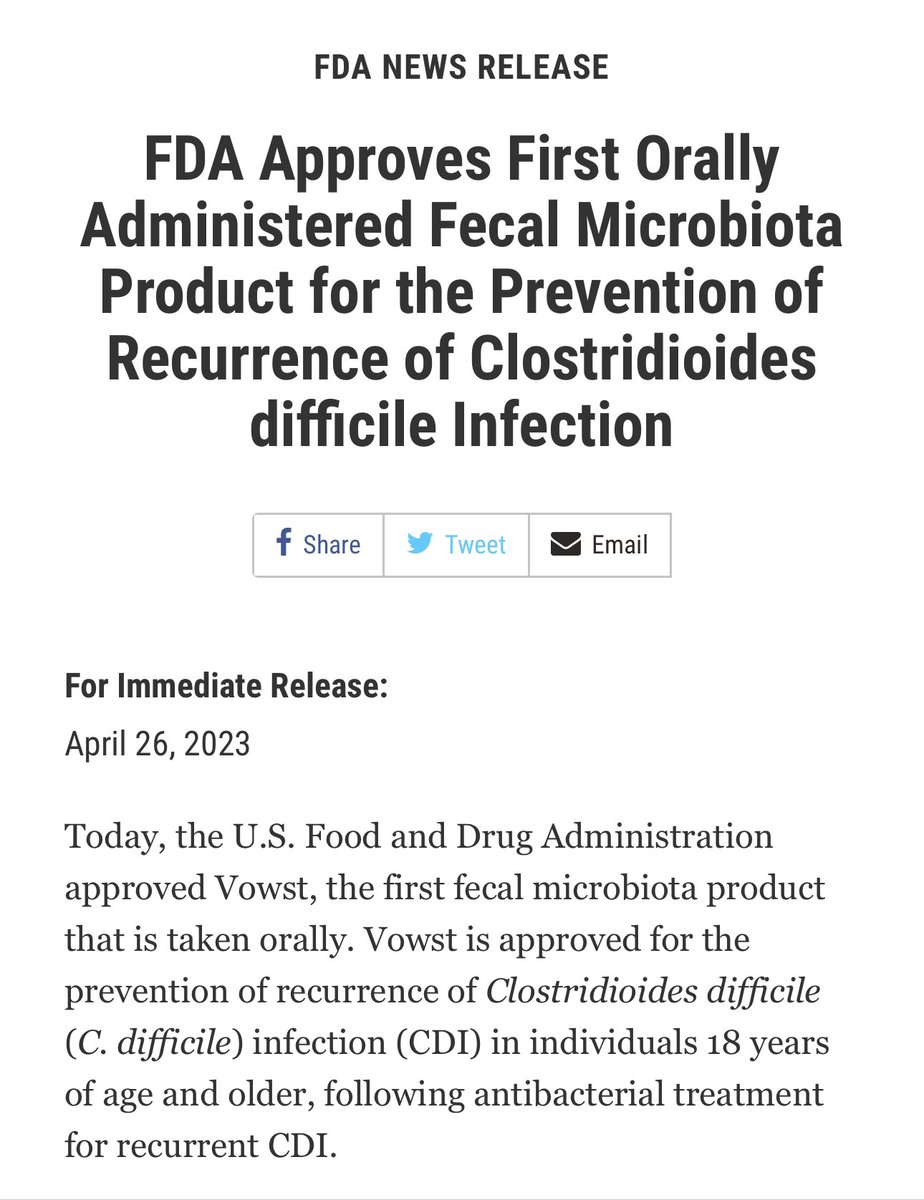 FDA approved SER-109 (Vowst) as an oral fecal microbiota product to prevent CDI recurrence. 

💊Dosing: 4 capsules PO daily x3d

Data mostly from ECOSPOR-III &amp; ECOSPOR-IV (no FDA Ad board mtg to scour 😔). 

Fingers crossed pricing is within reach…🤞🏻

fda.gov/news-events/pr…