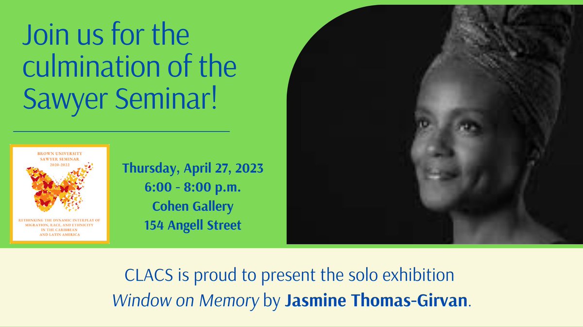 TONIGHT! CLACS is proud to present the solo exhibition "Window on Memory" by Jasmine Thomas-Girvan. Join us TONIGHT, April 27 at 6pm in the Cohen Gallery for the opening event and reception.

More information: watson.brown.edu/clacs/events/2…
