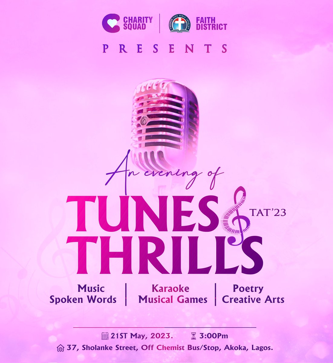 We bring to you an evening of the display of Art in its most diverse form.   While the clock ticks, get yourself prepared to connect with the Holy Trinity in a play of words and in a heavenly melody borne of God centric creatives. #TAT23 #CharitySquad #Faithtrybe