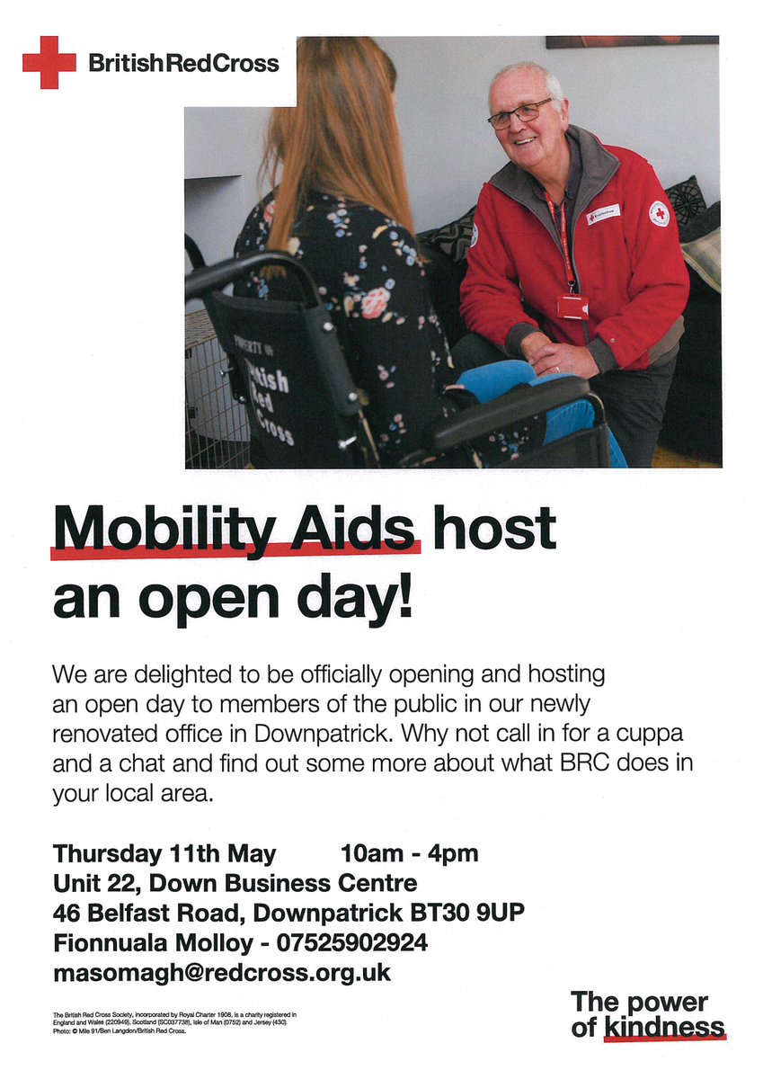 Our new tenant British Red Cross are having an open day on Thu 11th May.
Spread the word to anyone who needs a wheelchair .  The Red Cross can help by providing wheelchairs for a short period of time .