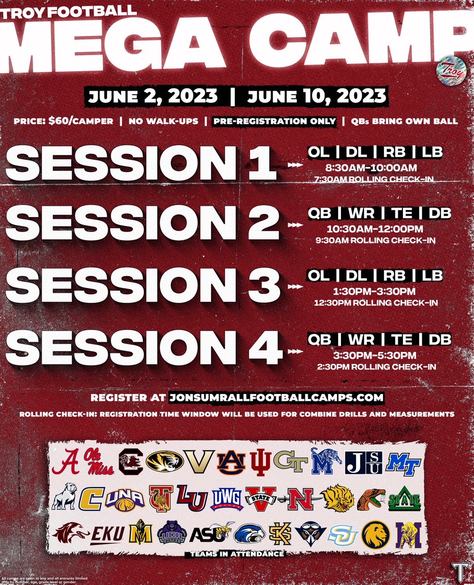CoachJonSumrall's tweet photo. .⁦@TroyTrojansFB⁩ MEGA CAMP
June 2 &amp; June 10

- Maximum Exposure (P5/G5/FCS/D2)
- Pre Registration Only
- Limited # On Each Session

https://t.co/77VeB9ijiN https://t.co/JZ1Btg5F8H
