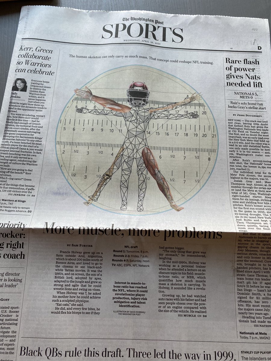 In print, the story of muscle-to-bone ratio. MBR shows the human skeleton can only carry so much muscle and could revolutionize key parts of the NFL.

Including invaluable insight from <a href="/francisholway/">Francis Holway</a>, @IUCoachWellman and <a href="/BrentCallaway/">Brent Callaway</a>: washingtonpost.com/sports/2023/04…