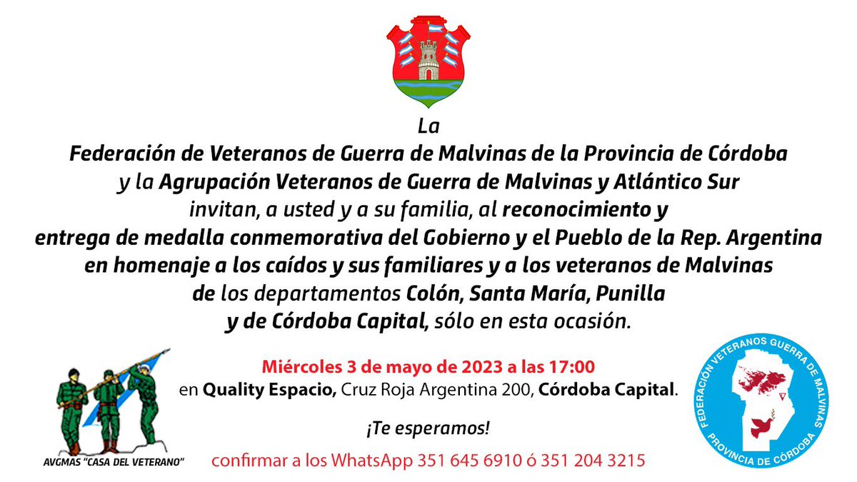 CasaDelVeterano's tweet photo. ¡Los esperamos!

#Malvinas 🇦🇷#MalvinasArgentinas #VGM #VeteranoDeGuerra #VeteranosDeGuerra #CasaDelVetrano https://t.co/uQtNE7ySYO