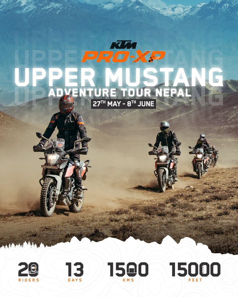 India_KTM's tweet photo. Conquering the uncharted terrains of #UpperMustang. Join us on an epic ride across #Nepal.ย Hurry up & book your slot now!ย
All #KTM #Adventure owners, bookings open today* exclusively on KTM India app*!!
Click for more: https://t.co/chbYIEBa1H
#KTMIndiaย #KTMReadyToRaceย #ProXP https://t.co/RCpfA7PWdc