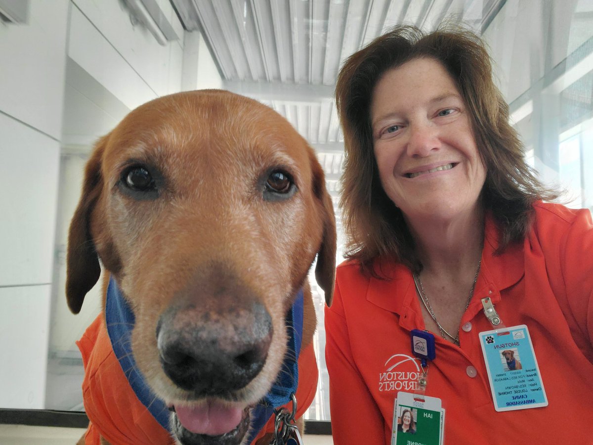 sgsryd's tweet photo. It's going to be a Puptastic day @iah for travelers. Mr. Shotgun and his hooman will be giving out Pawsitive Travel Vibes and Furtherapy from 11 - 1 p.m. Look out for us! Safe Travels y'all! @APTherapyDogs @ellaghica @CrisAlcivar https://t.co/irKeP6pVAc