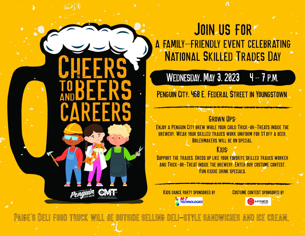 🍻👨‍🔧 Cheers to Beers and Careers! Join us at Penguin City Brewing Co. on May 3, 4-7PM for kids' trick-or-treat, costume contest &amp; drink specials for adults! Invite your friends, family &amp; co-workers! #nationalskilledtradesday #cochrancars #communityevent