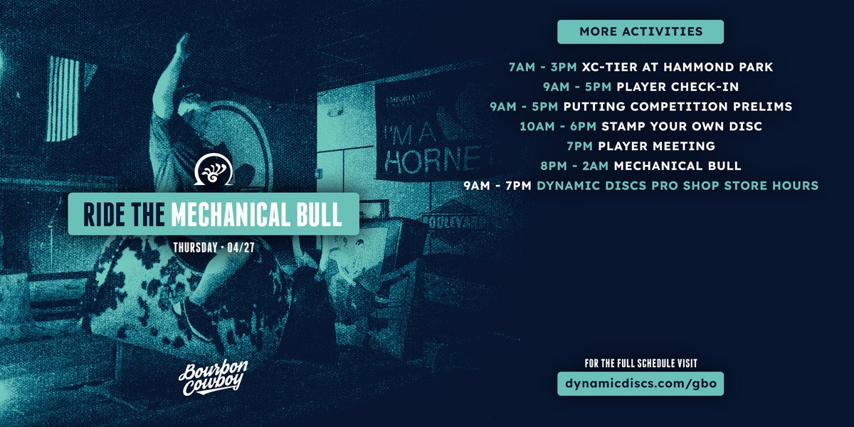 DynamicDiscs's tweet photo. The main π₯β³οΈ event is almost here, and a full day of GBO fun continues.
If you're in Emporia, here's what to expect on Glass Blown Open Eveβbefore you take on the mechanical bull at @cowboybourbon.
π₯π€ + π = π
#glassblownopen #discgolf #frisbeegolf #bedynamic #visitemporia https://t.co/1zkfKLNgNa