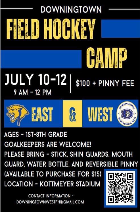 🏑Downingtown East and West High Schools are joining together to host their 1st Field Hockey Camp!
🏑The camp is for any player entering 1-8 grade in the Fall 2023!
REGISTER➡️ bit.ly/3Vdpqvk
💙💛
<a href="/DHSEAthletics/">DHS EAST ATHLETICS</a> <a href="/DASD_LMS/">Lionville Middle School</a>