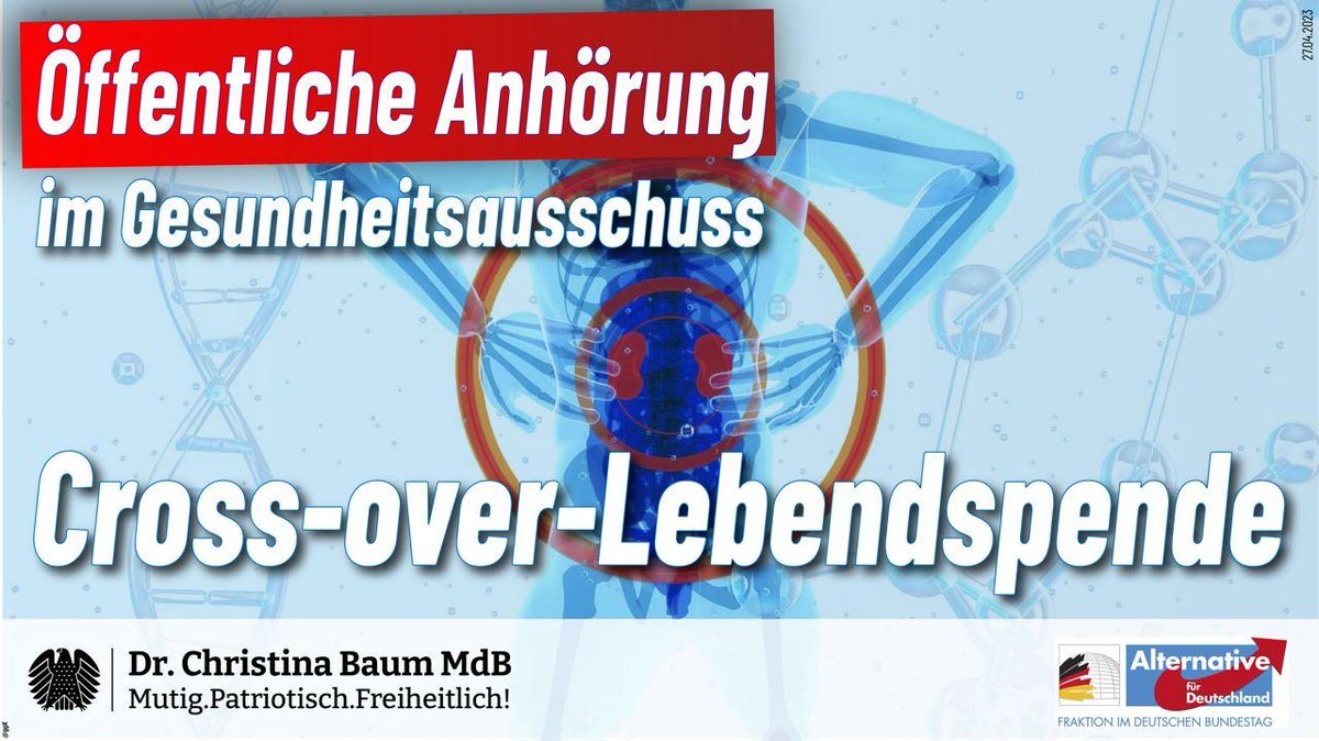 DrChristinaBaum's tweet photo. Verbände und Sachverständige stellen sich in öffentlicher Anhörung hinter #AfD-Antrag: „Überlebenschancen von #Dialysepatienten verbessern – Cross-over-#Lebendspende als Leistung der gesetzlichen Krankenversicherung erlauben“
https://t.co/SxF0tdbZAB
https://t.co/J9yyP9DvH4 https://t.co/xKSUhCsse9
