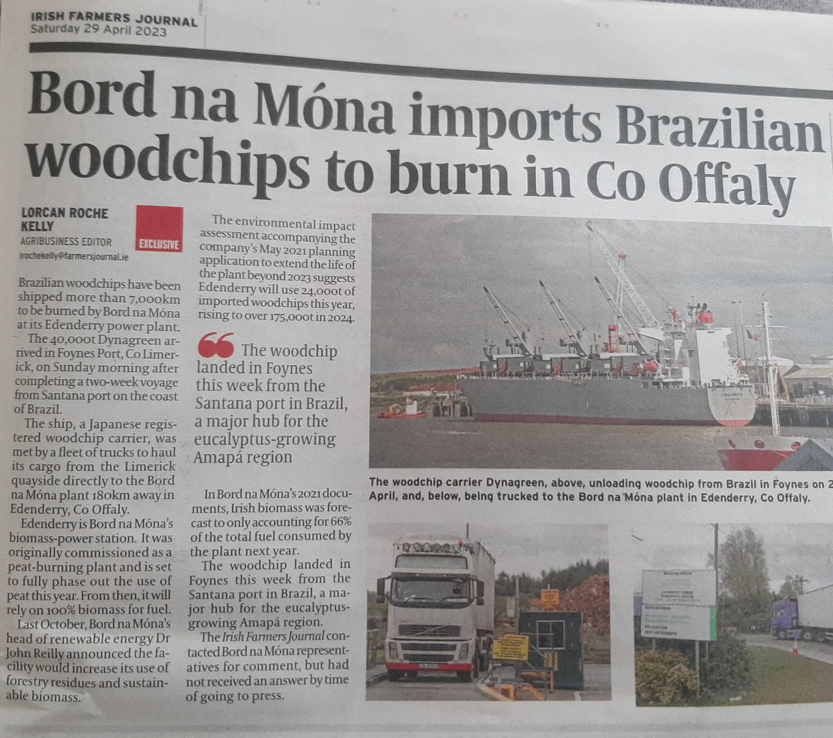 I really don't know how you could explain this to our younger generation! 40,000t of Brazilian woodchip by boat to an Irish port and onto Edenderry by lorry 180km away..... @greenparty_ie @EamonRyan @pippa_hackett @farmersjournal