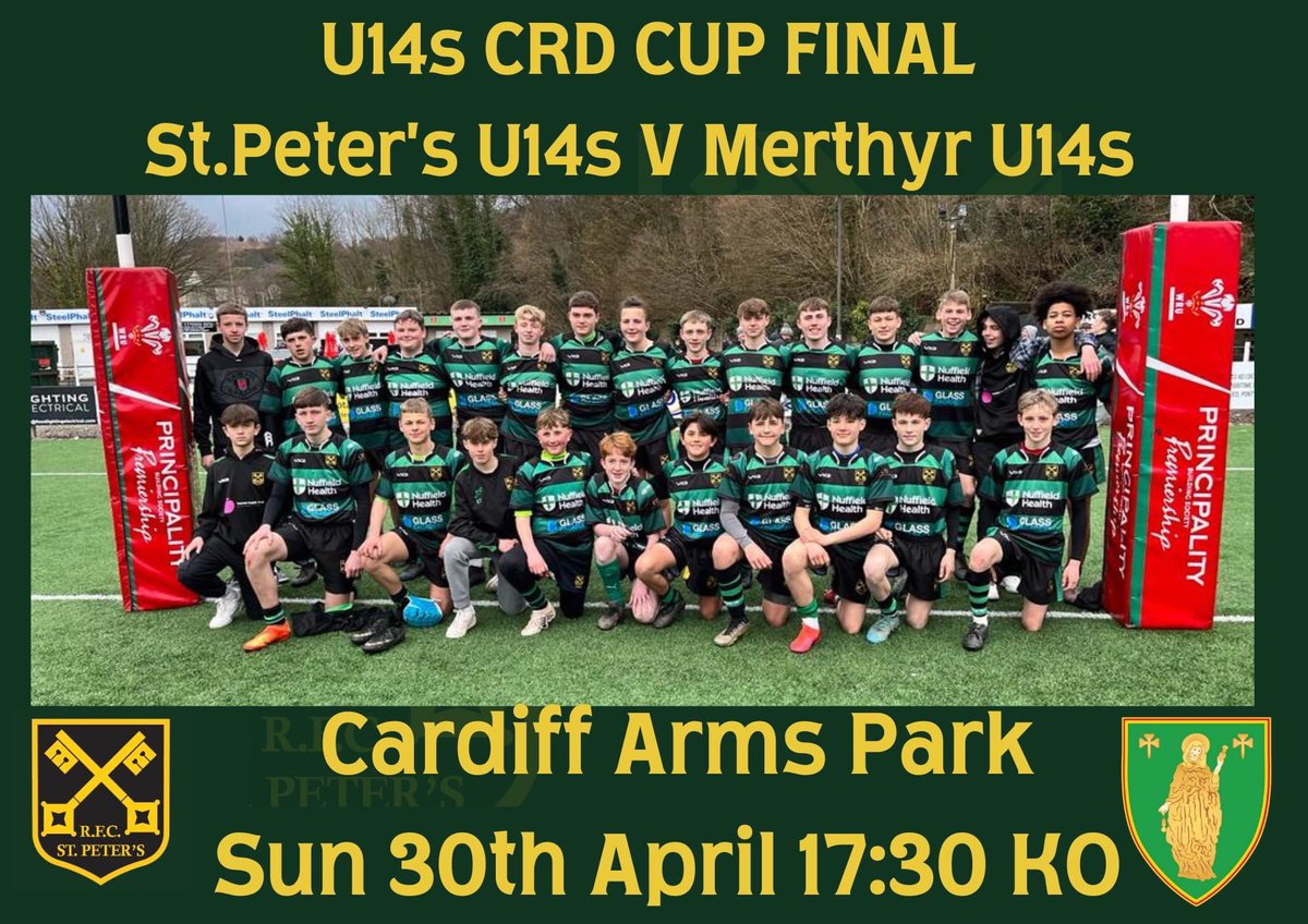 stpetersrfc's tweet photo. Big game for our U14s this Sunday after a successful season. Looking forward to a tough game against @RFCMerthyr U14s . It’s a bank holiday weekend so come down to CAP and cheer on the boys with a couple of cheeky 🥂🍺💚🖤
@WRU_Community @AllWalesSport https://t.co/Lx593Sjdz3
