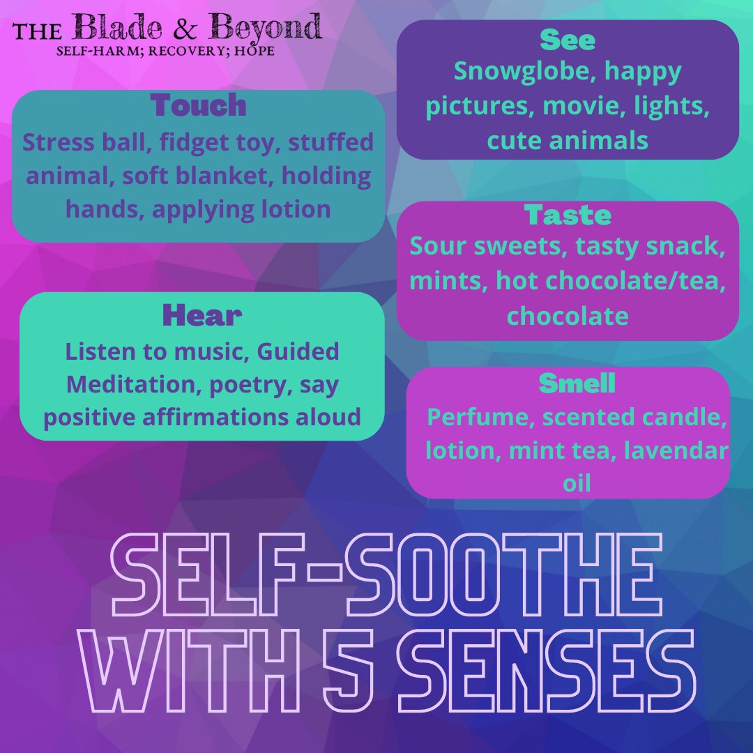bladeandbeyond's tweet photo. This #WisdomWednesday we're sharing how to self-soothe using the 5 senses. These are ideas that you can use any time to ground yourself, and they're all simple and discreet!
#mentalhealth #recovery #selfharmprevention https://t.co/WxveeoU9cv