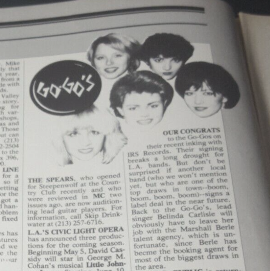 Fun @officialgogos mention in MUSIC CONNECTION MAGAZINE, April 2 1981, noting that @belindacarlisle will depart her position working for @marshallberle talent agency now that band has signed with @irsrecords cc: @Kathy_Valentine @PleasantGehman1 @TheresaKereakes