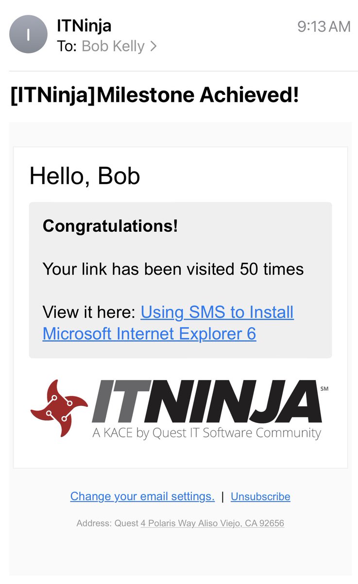 My old baby <a href="/ITNinjaSite/">ITNinja</a> likes to let me know it’s still doing well with occasional messages like this. Not sure what unfortunate soul is involved in an IE6 deployment via SMS, but hope they found what they were looking for!