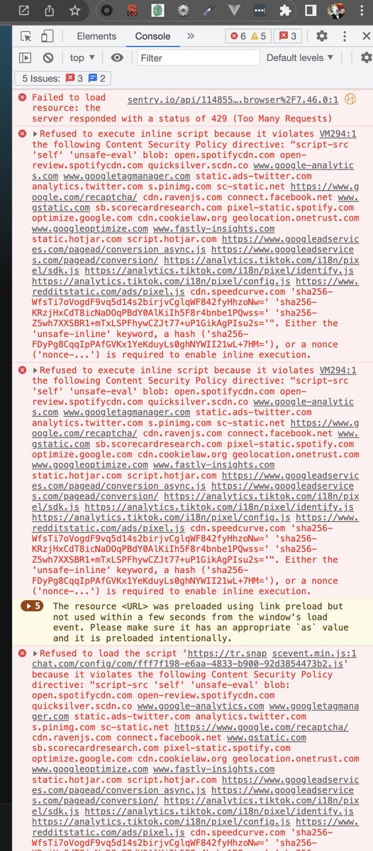 jlabresh1's tweet photo. @SpotifyStatus @SpotifyUSA  I am getting the following errors in my browser on https://t.co/1oENmFM8zr ... and it won't play any music 😩 https://t.co/pXjtUKPCGy