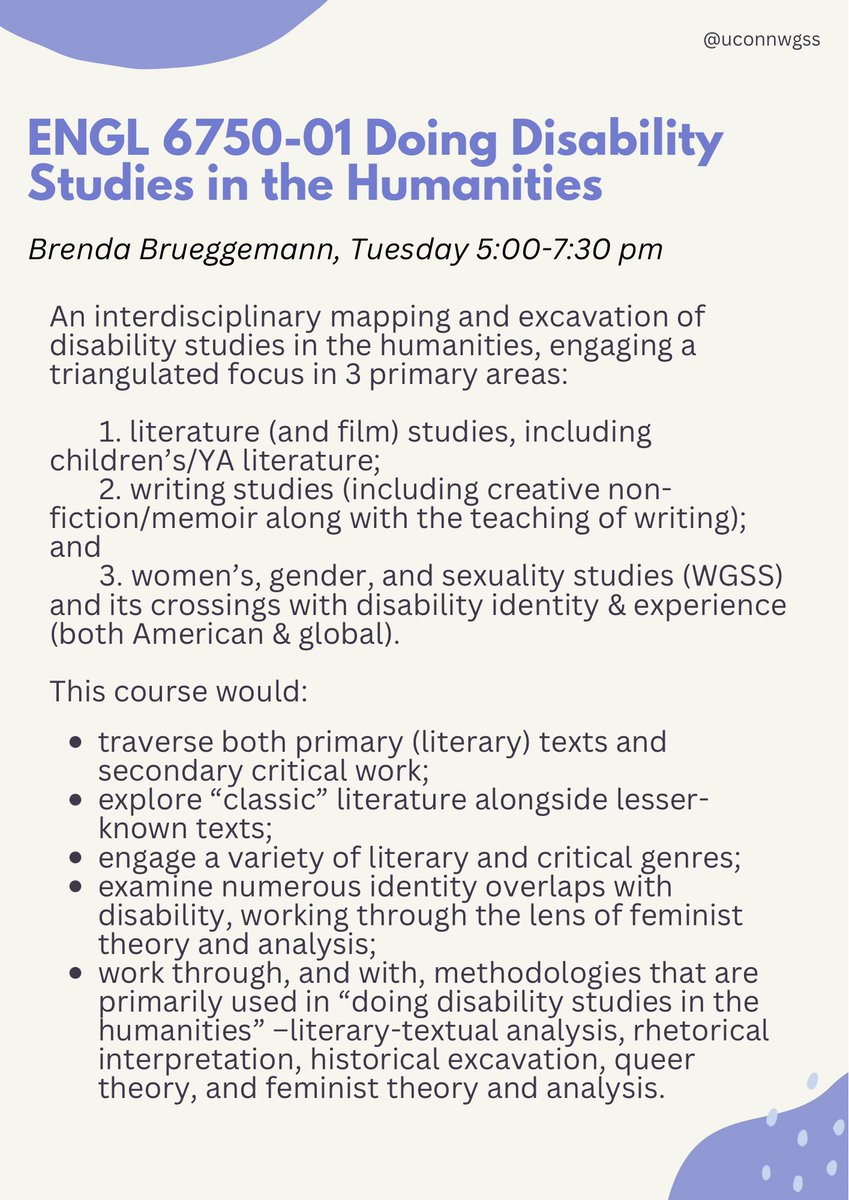 Attention, graduate students! Below find five Women’s, Gender, and Sexuality Studies or cross listed courses for the Fall 2023 semester. (1/2)