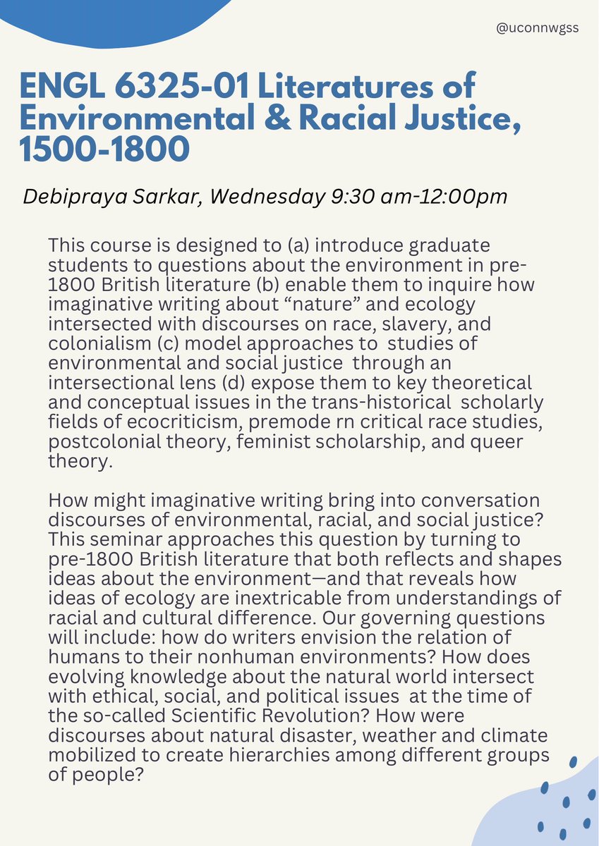 Attention, graduate students! Below find five Women’s, Gender, and Sexuality Studies or cross listed courses for the Fall 2023 semester. (2/2)