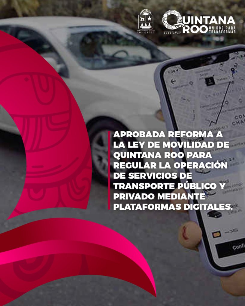 MaraLezama's tweet photo. Con la reforma a ley de Movilidad, tod@s podrán elegir libremente el medio de transporte de su preferencia. 🚗 Garantizamos la integridad de las y los usuarios de servicios públicos y privados de transporte en #QuintanaRoo. 
El #NuevoAcuerdo busca el bienestar y desarrollo de tod@s los #quintanarroenses. 

#UnidosParaTransformar