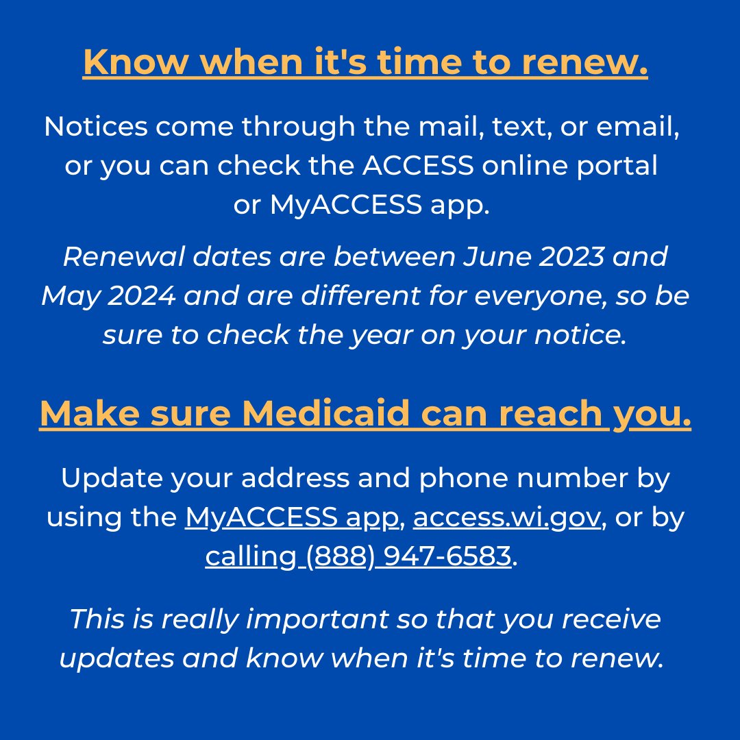 Are you covered under Medicaid or BadgerCare Plus? If so, you must renew between June 2023 and May 2024! Here’s why and what steps to take next.  

#MedicaidUnwinding #Medicaid #BadgerCare #KnowYourDate #Milwaukee #myaccesswi