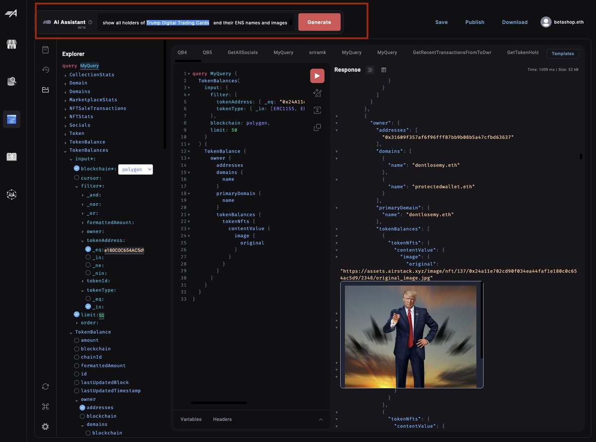 betashop's tweet photo. What's even cooler than searching Ethereum with natural language?

Searching Ethereum AND Polygon with natural language in a single cross-chain, cross-project, query and response

e.g. "Show all holders of Trump NFTs and their ENS names" https://t.co/PiNzD0ifbK