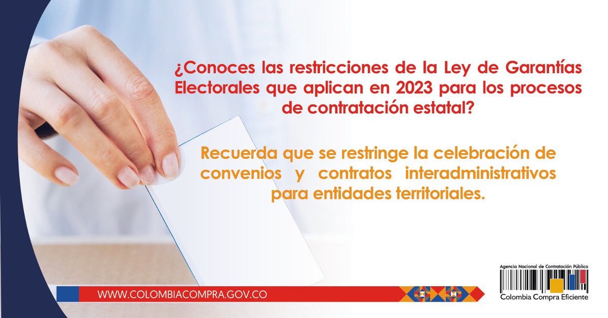 colombiacompra's tweet photo. #Relatoria| la Ley 996 de 2005 dispone que las Entidades Descentralizadas del orden Municipal, Departamental o Distrital, no podrán dentro de los cuatro (4) meses anteriores a las elecciones, celebrar convenios Encuentra más información en este link: https://t.co/Xrck3qBYEt https://t.co/6tfp1105xY