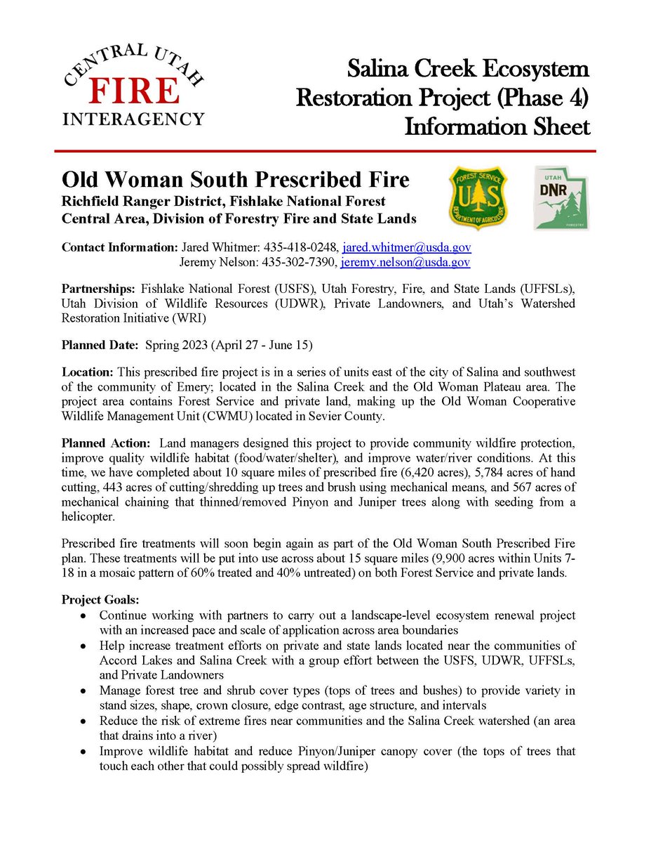 UtahWildfire's tweet photo. Fire personnel in Central Utah plan to conduct prescribed fire operations on the #OldWomanSouthRx today (4/27/2023). #usfsFNF & #FFSL will utilize aircraft (helicopter) and ground ignitions on 100-500 acres. #FuelsProjects #UtahSharedStewardship #UtahWRI https://t.co/LK8YrCCwDU