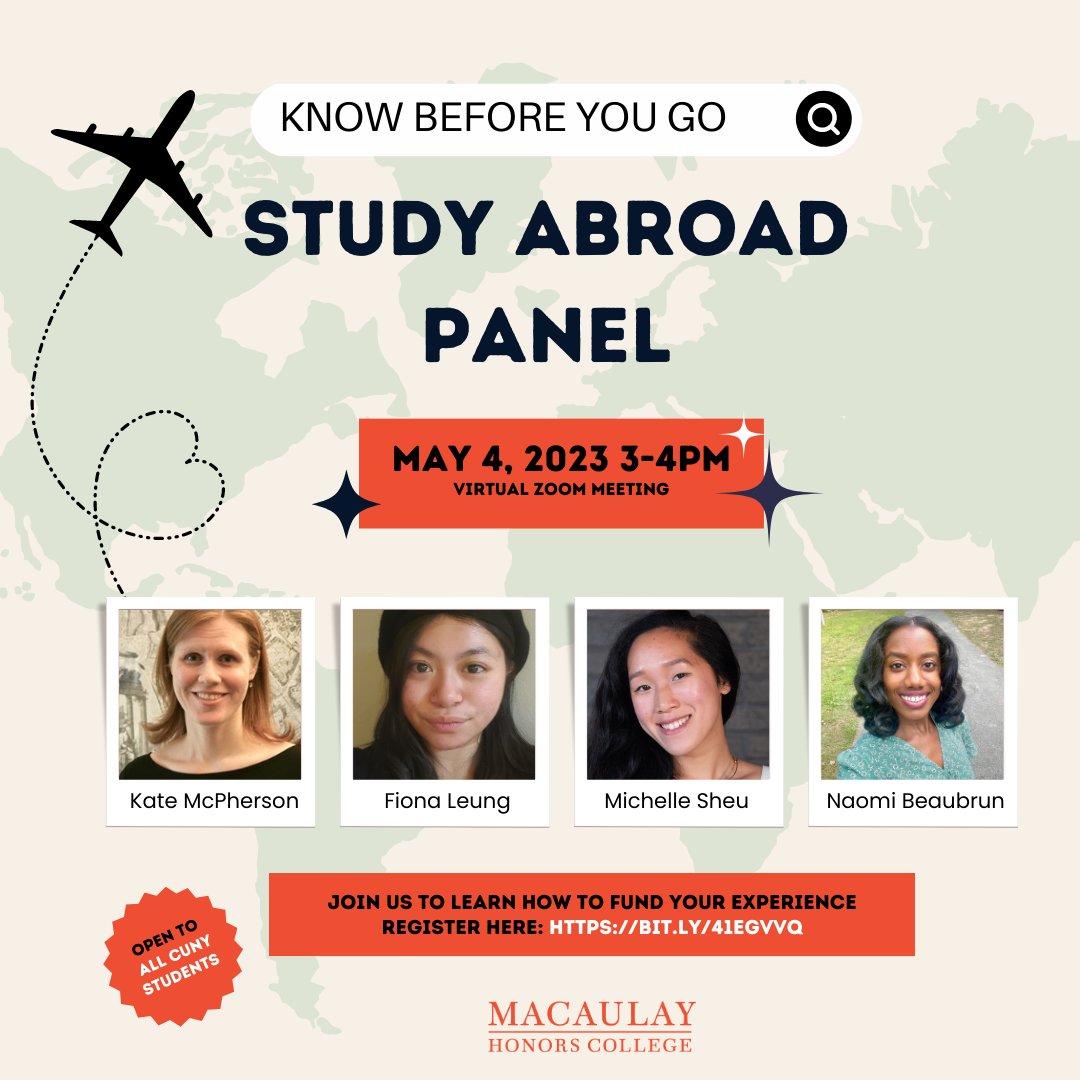 CUNYglobal's tweet photo. Spread the word! CUNY-wide event on study abroad, including the all-important question: how to get funding!  Register for this May 4 event at https://t.co/1yqfEc0vy2.
Special thanks @macaulayhonors &amp; @cunybac for making this event possible and for opening it to all CUNY students! https://t.co/DGvIEpA9A6