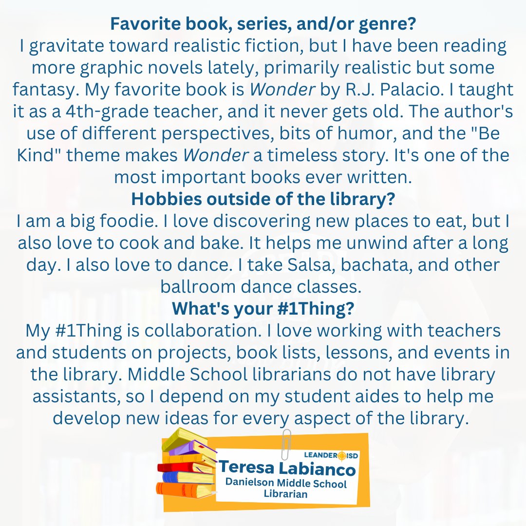 LeanderISD's tweet image. As continue to celebrate our #1LISD librarians, today we&apos;re highlighting Librarian Teresa Labianco, who serves at @DanielsonMiddle.

#LibrarianAppreciationWeek #NationalLibraryMonth