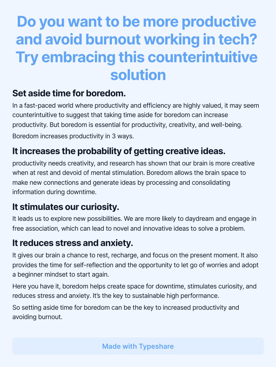 lakshmistoltz's tweet photo. Do you want to be more productive and avoid burnout working in tech? Try embracing this counterintuitive solution
#ship30for30 #day20 #boredomisessential #sustainablehighperformance https://t.co/pj0RJzvSyM