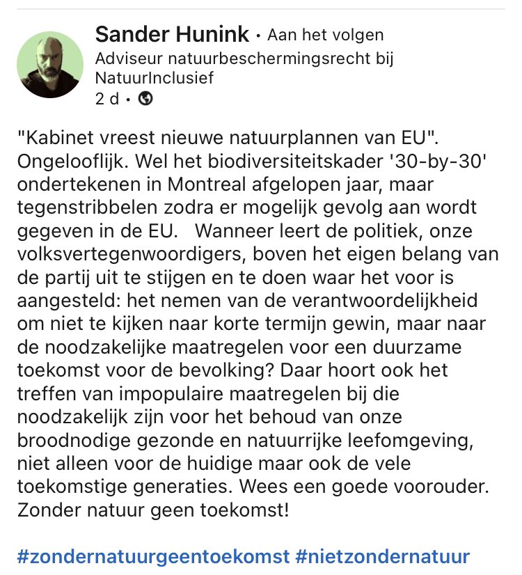 Boodschap van #SanderHunink voor het kabinet en in het bijzonder voor @MinisterNenS #zondernatuurgeentoekomst #nietzondernatuur