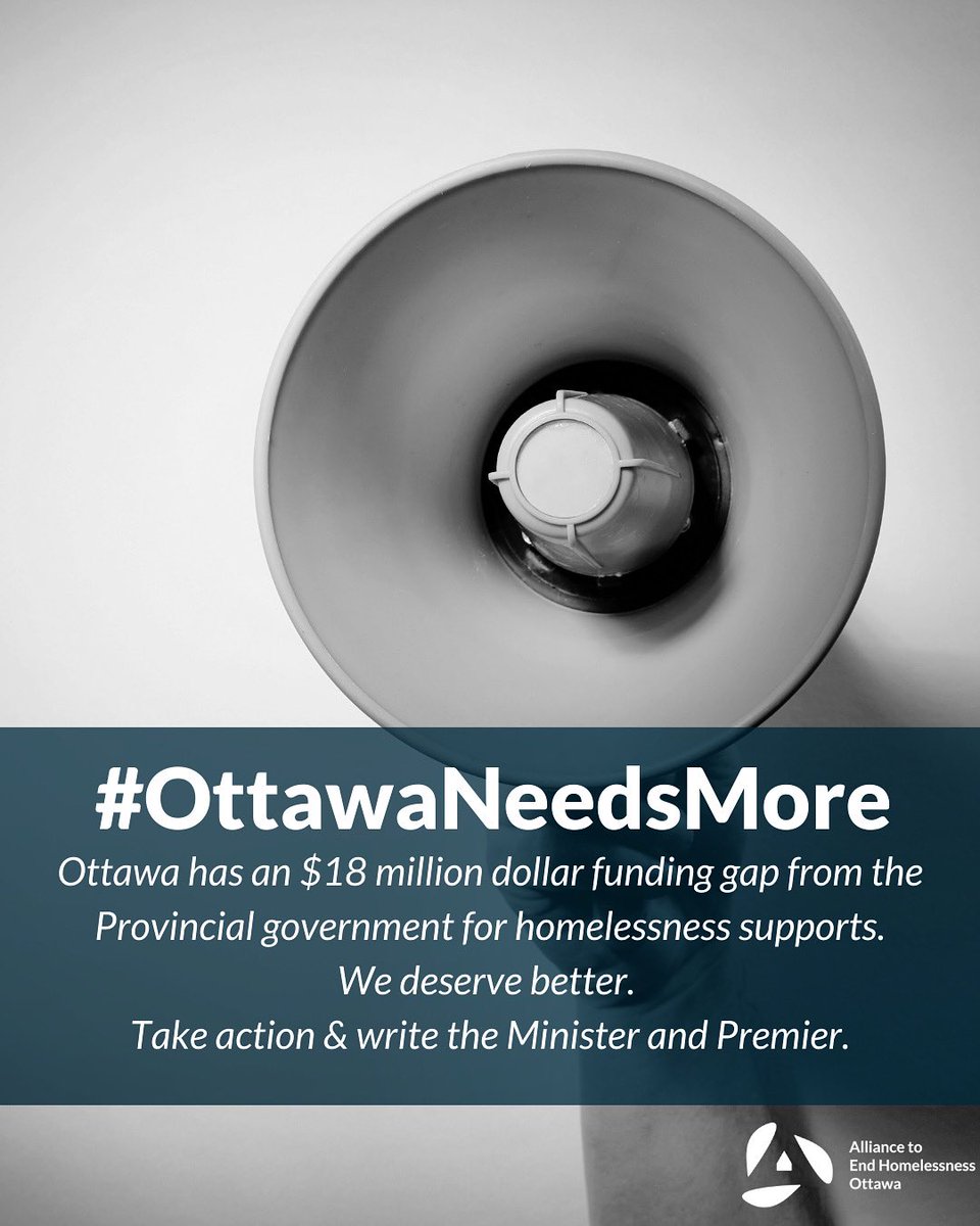 SOS #OttCity! Today at 10 am, join our social blitz to tell <a href="/ONgov/">Ontario Government</a> that #OttawaNeedsMore for homelessness services! We are receiving 60 times less of an increase than Toronto, despite being the second largest city in Ontario. Write your representative: shorturl.at/jtxQW