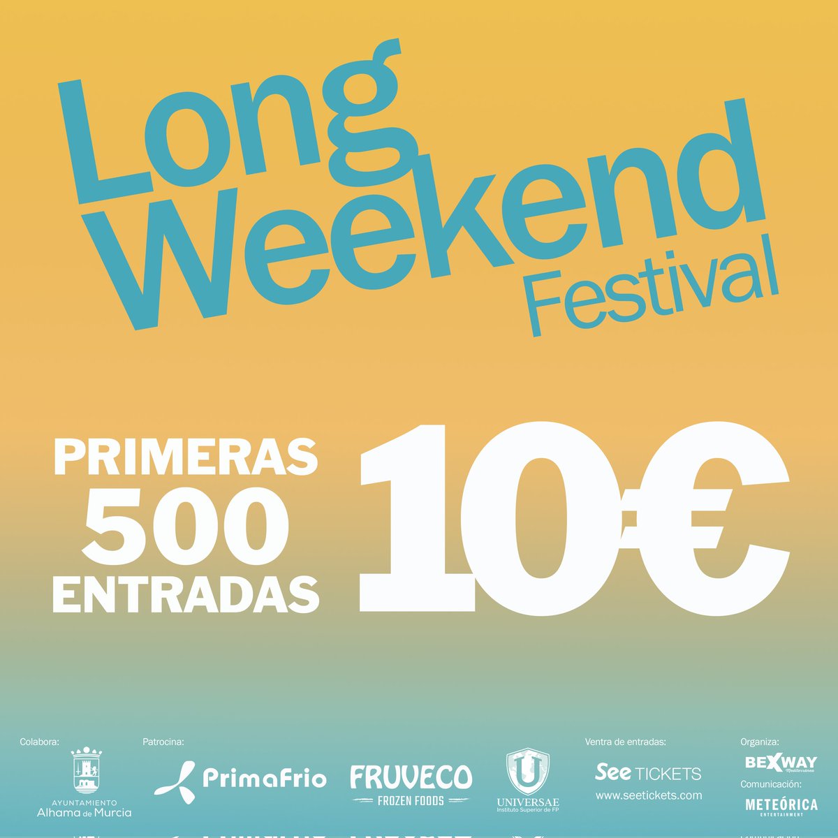 longweekendfest's tweet photo. Nos las quitan de las manos y no es para menos!!! Tenemos una súper oferta:

💥 Las 500 primeras ENTRADAS solo cuestan 10€!! Sí, leeíste bien, 10 euricos para que todxs podáis disfrutar del finde más largo de la #RegiónDeMurcia!! 

🎟 ENTRADAS EN https://t.co/raZnG4fOM8 https://t.co/Sv1IRbpq2c