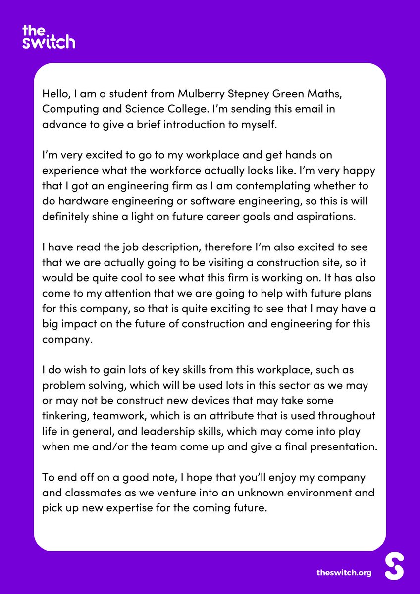 TheSwitchOrg's tweet photo. All our Work Experience students introduce themselves by email before they start their placements.
Letting you know their ambitions for the week and why they want to work with you.
#Nationalworkexperienceweek https://t.co/B69CbjVkhn