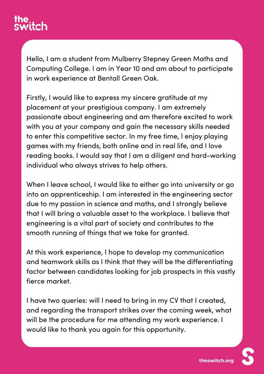 TheSwitchOrg's tweet photo. All our Work Experience students introduce themselves by email before they start their placements.
Letting you know their ambitions for the week and why they want to work with you.
#Nationalworkexperienceweek https://t.co/B69CbjVkhn