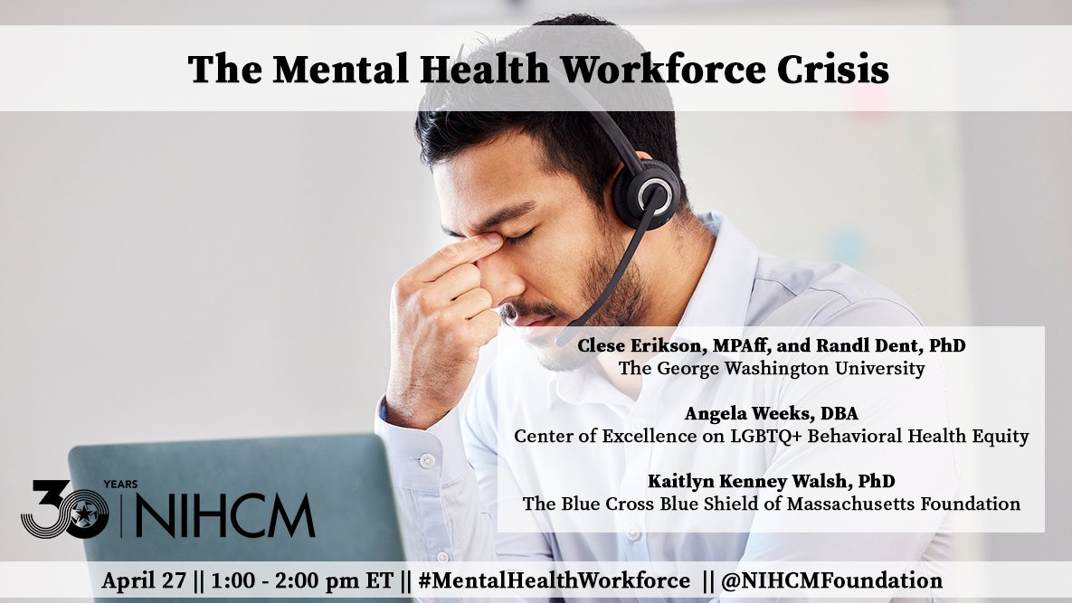 🚨Webinar today at 1 pm ET! bit.ly/3UBFeaI 🚨

Register to hear experts discuss strategies to help identify &amp; fill shortages in the behavioral health workforce. #MentalHealthWorkforce

<a href="/CleseErikson/">Clese Erikson</a> @RandlDent <a href="/GW_Workforce/">The Mullan Institute (GWMI)</a>  @GWtweet <a href="/SocialMissionEd/">Social Mission Alliance</a>  <a href="/BCBSMA/">Blue Cross MA</a> <a href="/BCBSMAFdn/">BCBSMA Foundation</a>