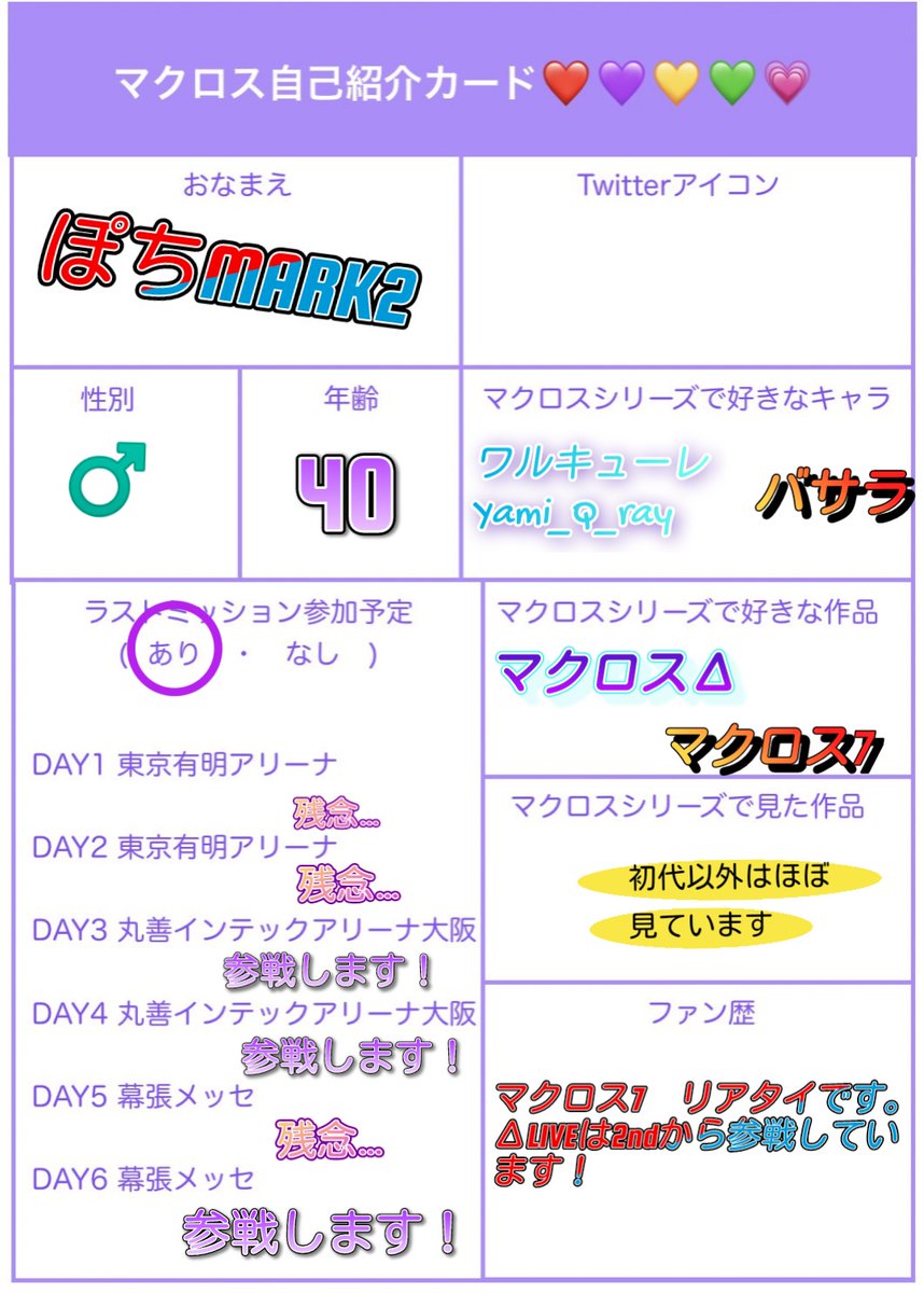 thousand_mark2's tweet photo. LAST MISSION参戦予定ほぼ出たのでカード作成しました。初回と合わせてご覧ください。
同日参戦の方々、よろしくお願いします。　お気軽にぽちと呼んでください
#ワルキューレ
#ラストミッション
#マクロスファン自己紹介カード 
#マクロス自己紹介カード https://t.co/Elb0e99tjS