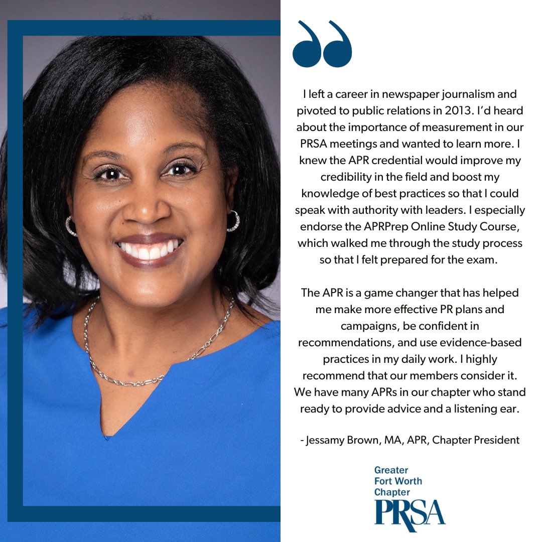 fortworthPRSA's tweet photo. April is #APR month! Here's why the APR is important to chapter president Jessamy Brown, MA, APR (@jessamybrown).
 
It's never too late to earn your APR! If you're thinking about pursuing #Accreditation, contact APR Chair Jeremy Agor at jeremy.agor@yahoo.com. https://t.co/AcAAVCQGFp