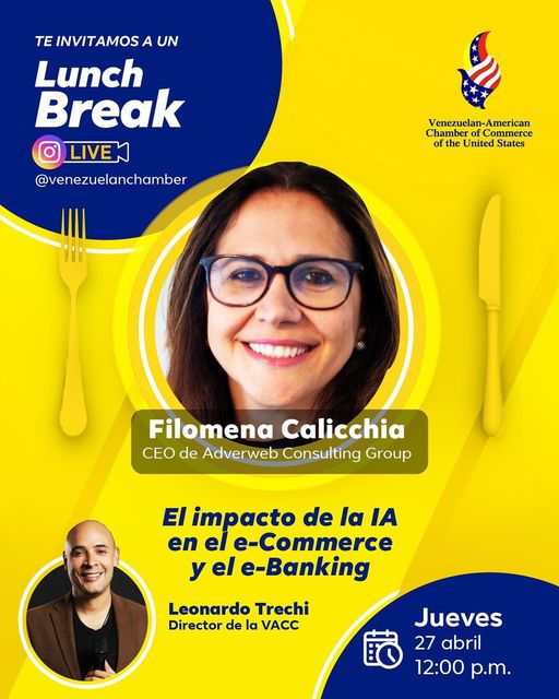 VaccUSA's tweet image. ¡¡HOY!!
¿Quieres descubrir cómo sacarle provecho al AI para potenciar tus ventas on-line? 
Acompáñanos en el #LunchBreak de este jueves donde conversaremos con Filomena Calicchia 
📷Jueves 27 de abril
📷12:00 p.m
#VACC #InteligenciaArtificial #AI #eCommerce #eBanking